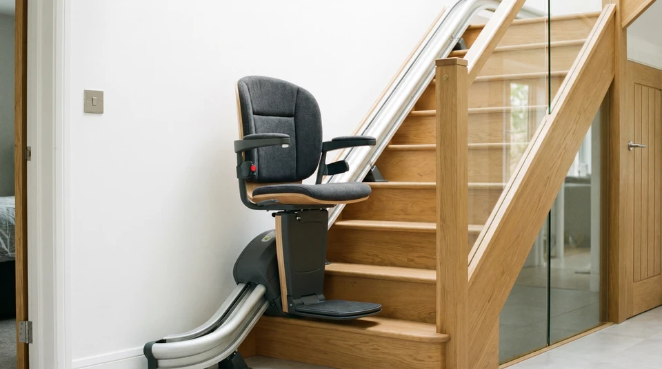 Intérieur résidentiel avec escalier en bois et monte-escalier électrique