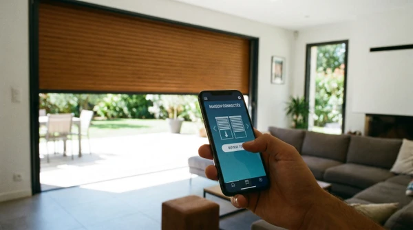 Homme tenant un smartphone avec application domotique affichant icône maison et cadenas, interface de contrôle sécurité résidentielle